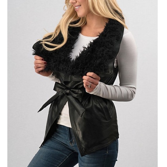 SALE !!! Black Faux Leather Sherpa Fur Vest Jacket - Picture 3 of 4